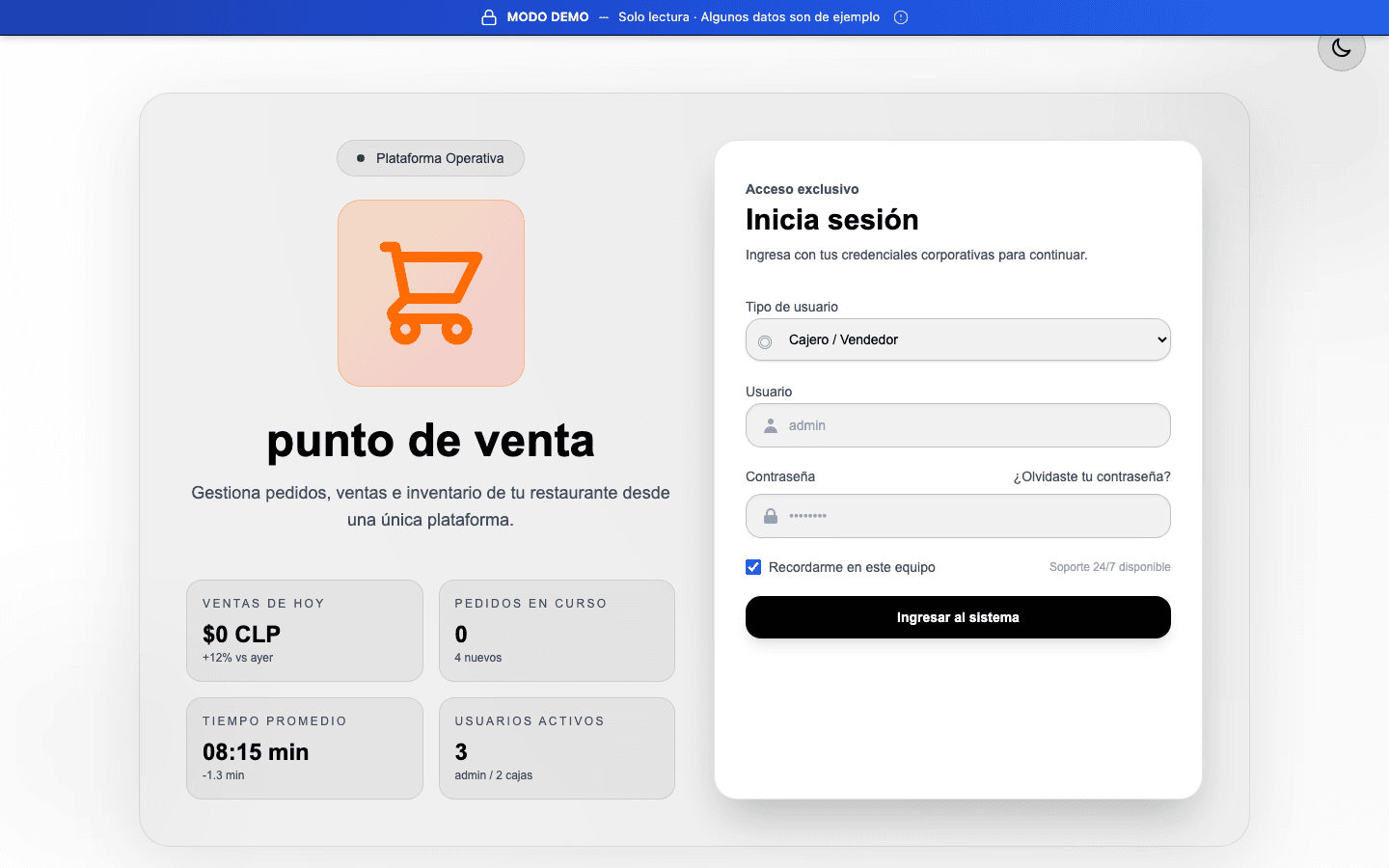 Acceso al Punto de Venta Híbrido con panel de métricas del día